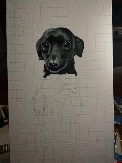 A black dog's face painted in detail on a gridded canvas, rest of the sketch still in pencil