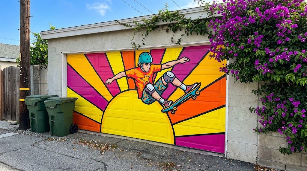 Pop art mural of a skateboarder over a sunburst on a garage door in an alley