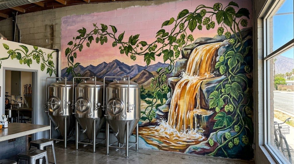 Taproom mural of hop vines and a waterfall of beer behind stainless brewing tanks