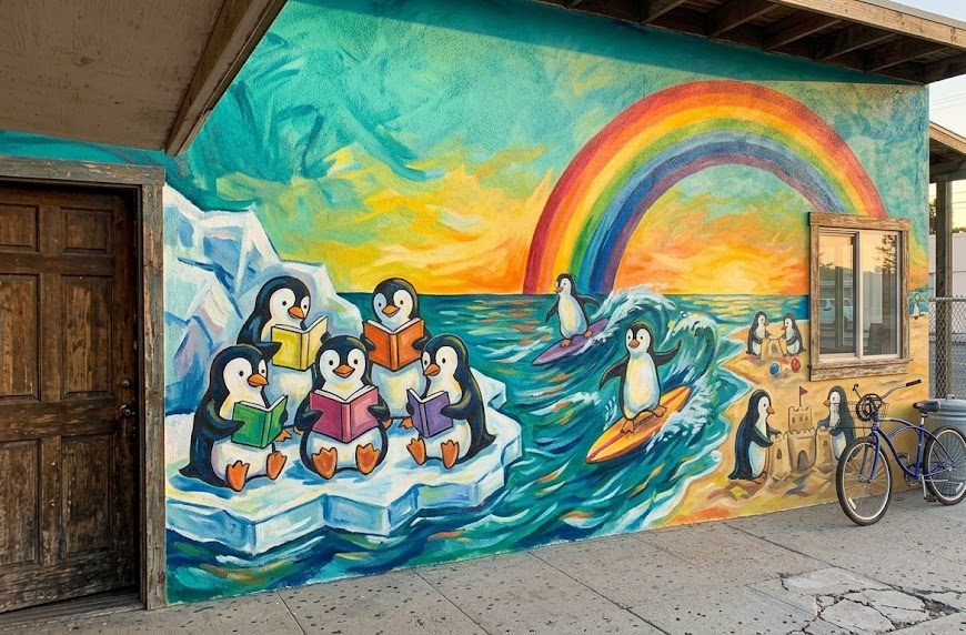 Playground wall mural of penguins reading and surfing under a rainbow