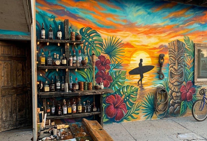 Tropical mural with a tiki and a surfer at sunset behind a back bar with bottles