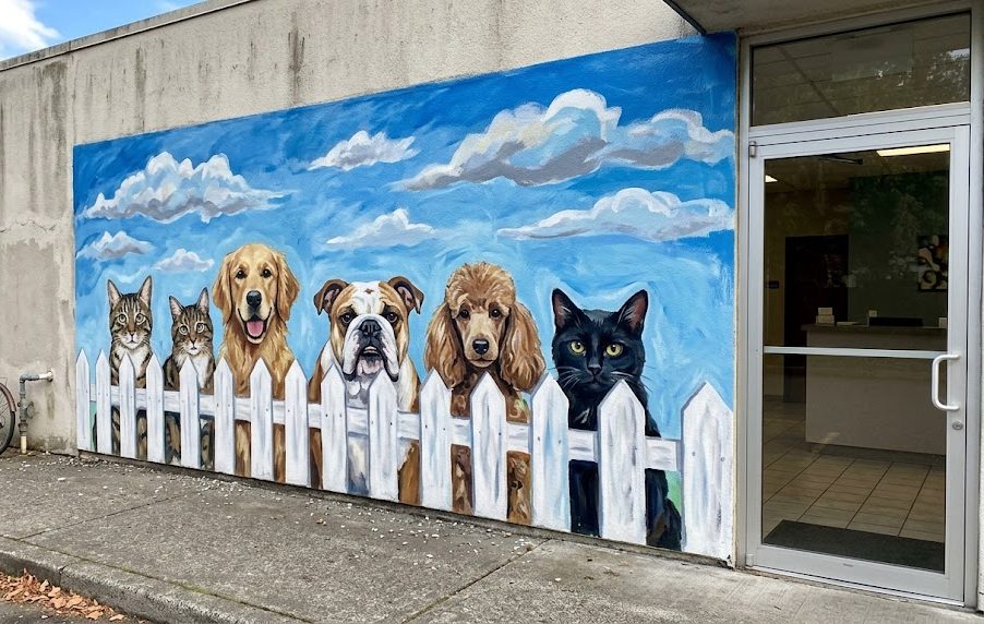 Mural of cats and dogs peeking over a white picket fence under a blue sky beside a clinic entrance